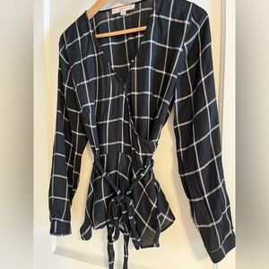 Loft Black and White Plaid Wrap Top